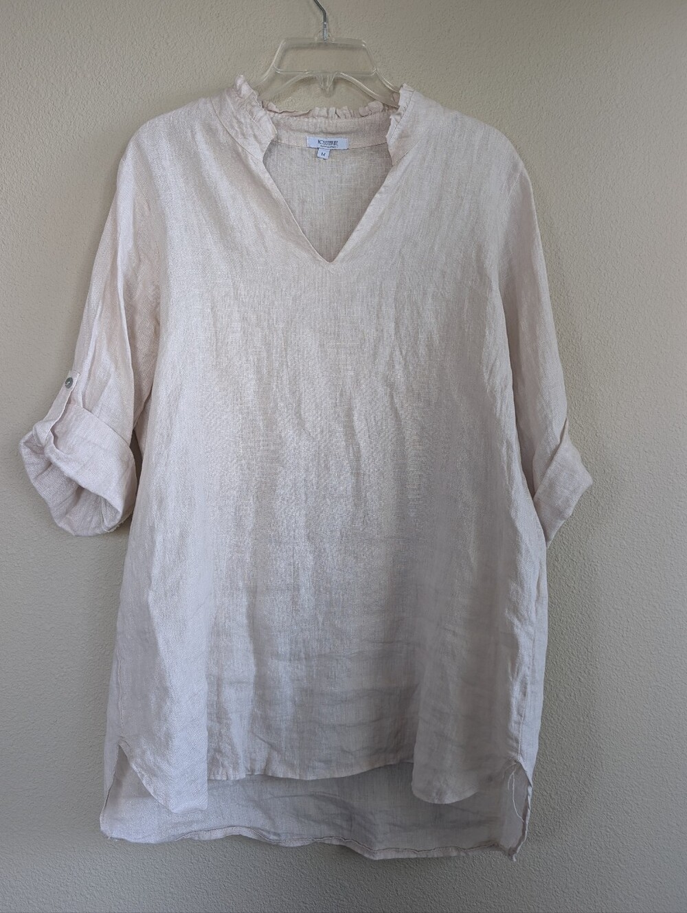 Rosemarine Tan / Beige / Oatmeal Colored Ruffled V-Neck Linen Tunic